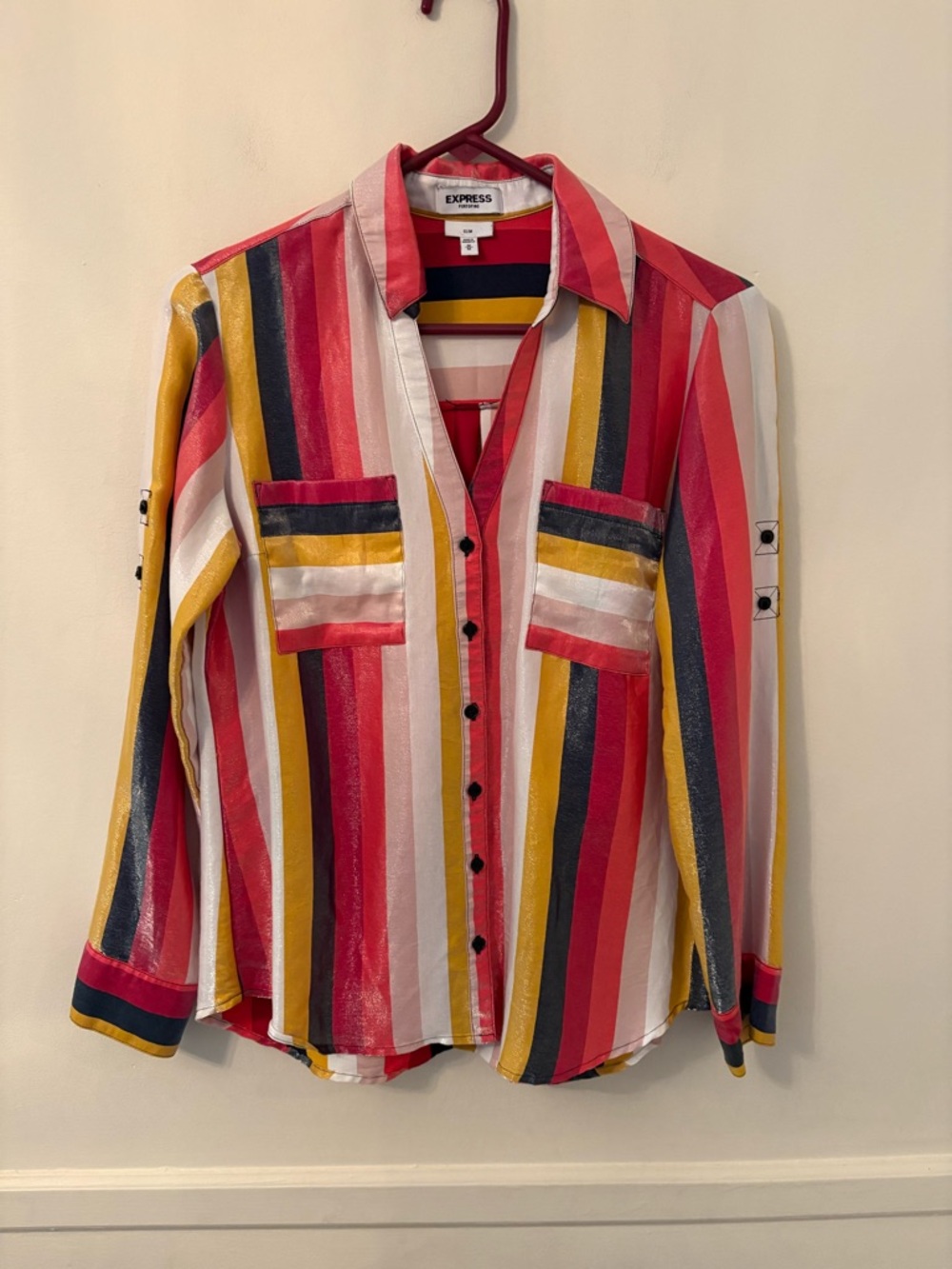 Express Portofino Button Up Shirt Slim Striped Multicolor Roll Tab Shiny Medium